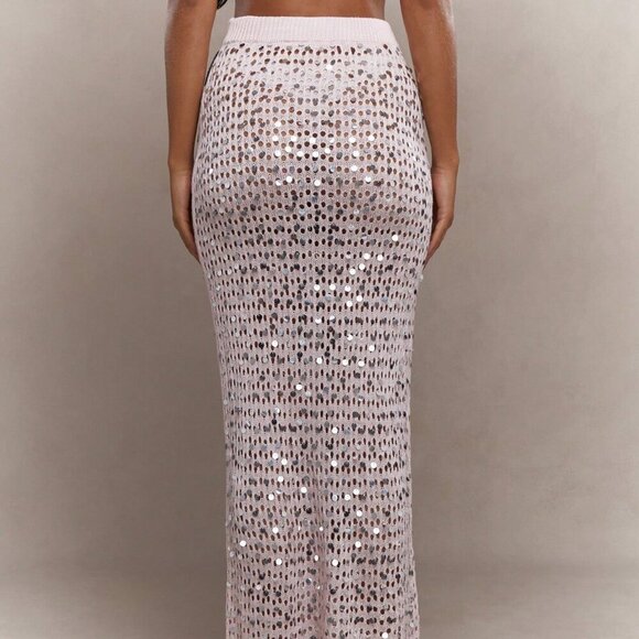 Baby Pink Casual Women's Mesh Crochet Sequin Embellish Maxi Skirt - Picture 3 of 4